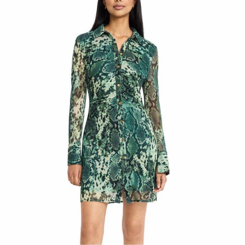 Donna Morgan Isabell Absinthe Green Mini Placket Dress with Front Gathering